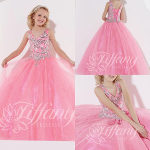 2015 New Fashion Girl's Pageant Gowns Pink Tulle Applique V Neck Lace Up Ball Gown Floor Length Plus Size Custom Made Flower Girls' Dresses