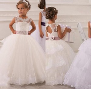 2015 New Flower Girls' Dresses Little Girl Formal Gown With Sheer Neckline A-Line Lace Jewel Bow Appliques Sequins Sash Tulle Cheap