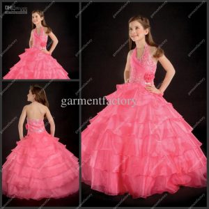 Baby Girl Wedding Dress Halter Beaded Top Tiered Pink Organza Children's Ball Gown Pageant Dressees